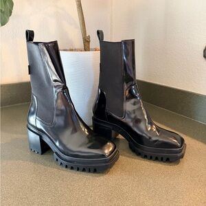 AllSAINTS SKARLET SQUARE TOE STRETCH BLOCK HEEL ANKLE BOOTS